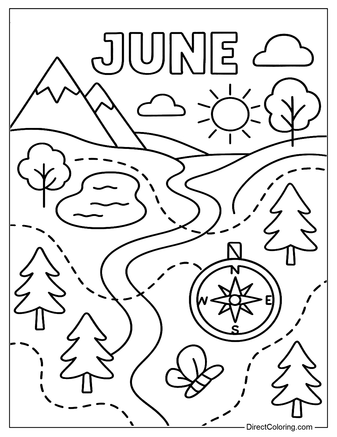 a June adventure map coloring page with trails, mountains, lakes, and a compass
